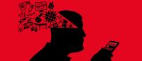 Illustration of man using a phone with "social media" on screen with a cloud of icons blooming from his head, including a SARS-Cov2 virus, a syringe, a sign reading "fake news", etc.